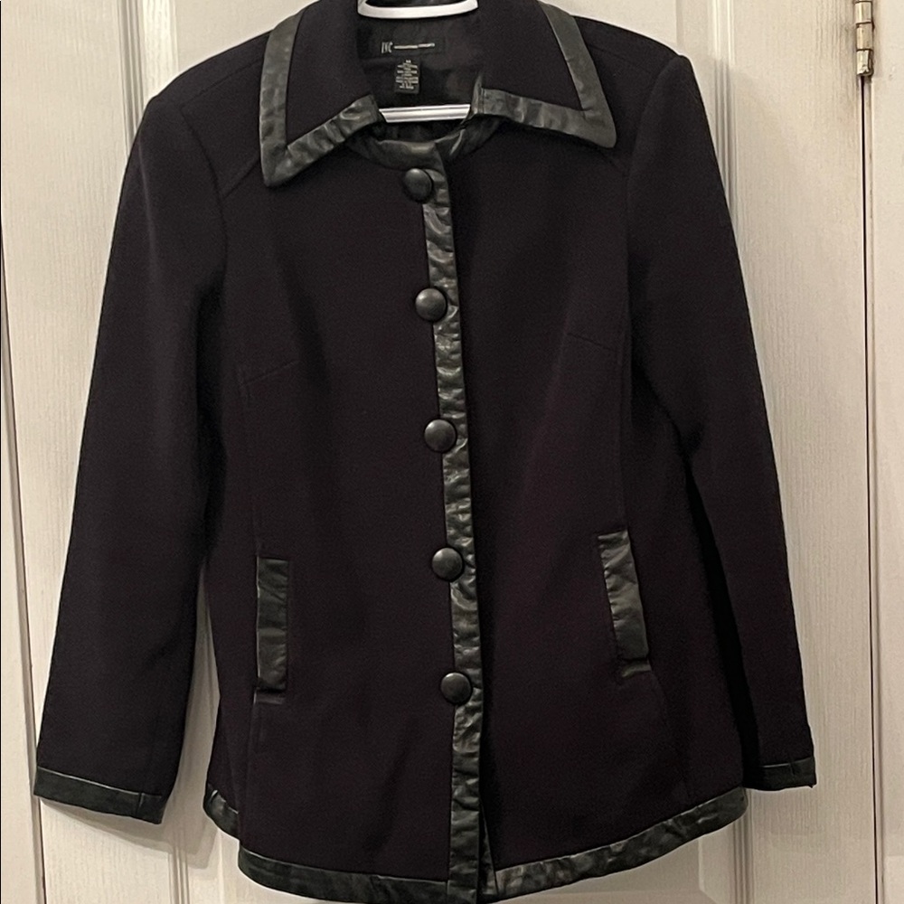 International Concepts Black Coat with Faux Leather Trim and Buttons